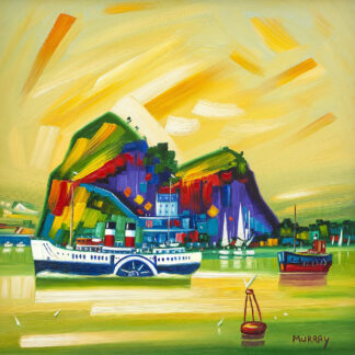 An impressionistic painting of a vibrant harbor scene with boats and colorful buildings under a dynamic, brush-stroked sky. By Raymond Murray